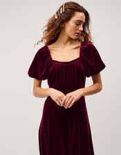 Cynthia Puff Sleeve Velvet Midi Dress, Red (BURGUNDY), large