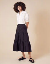 Poplin Tiered Midi Skirt, Black (BLACK), large