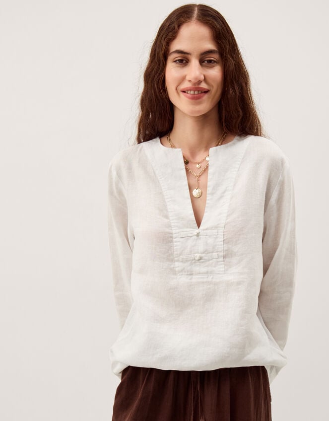 Alexis Knot Button Linen Top, White (WHITE), large