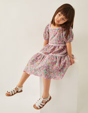 Broderie Floral Puff-Sleeve Dress, Pink (PINK), large