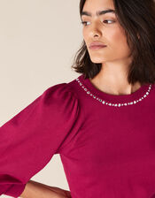 Crystal Neckline Jumper with Sustainable Viscose, Red (BERRY), large