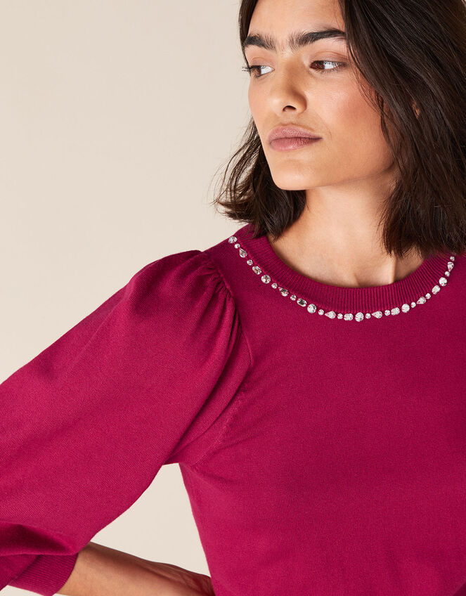 Crystal Neckline Jumper with Sustainable Viscose, Red (BERRY), large