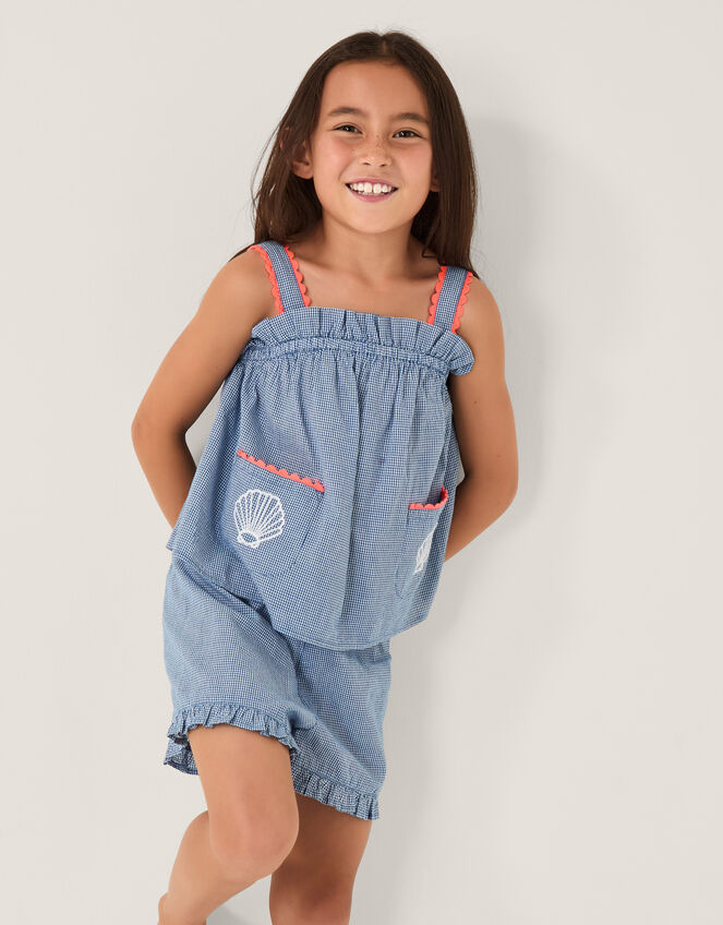 Embroidered Gingham Top & Shorts Set, Blue (BLUE), large