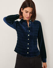 Sam Smocked Stretch Velvet Shirt, Blue (MIDNIGHT), large