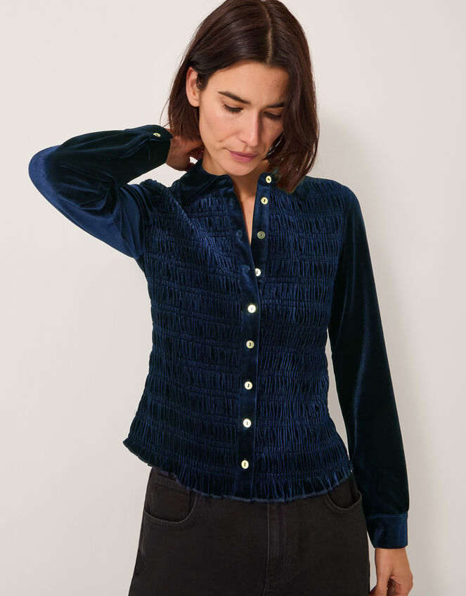 Sam Smocked Stretch Velvet Shirt, Blue (MIDNIGHT), large