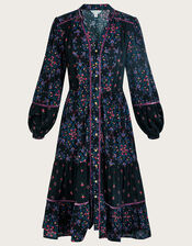 Velvet Trim Dress, Black (BLACK), large