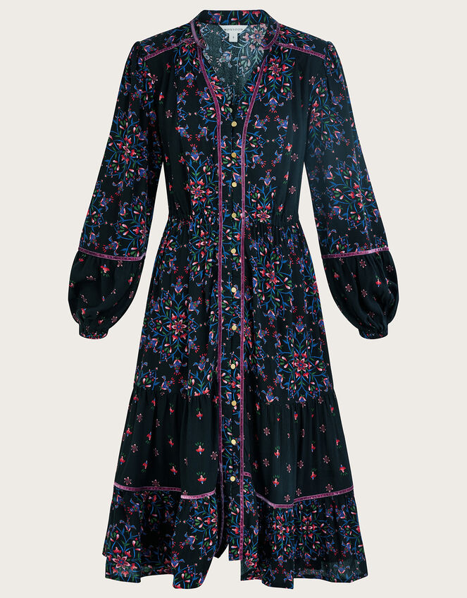 Velvet Trim Dress, Black (BLACK), large