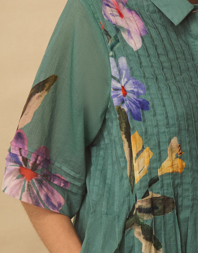 East Rihan Watercolour Floral Midi Shirt Dress, Green (MINT), large