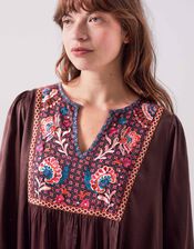 East Eliana Embroidered Long Sleeve Midi Dress, Brown (BROWN), large