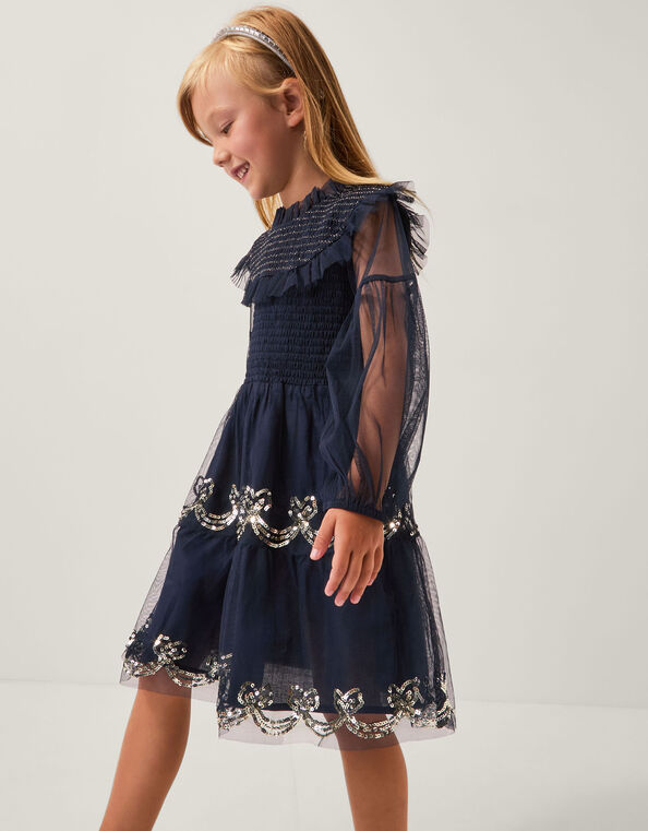 Bow Shirred Mesh Dress, Blue (NAVY), large