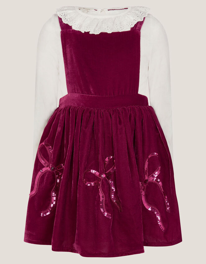 Broderie Top & Bow Velvet Pinafore Dress Set, Red (BURGUNDY), large