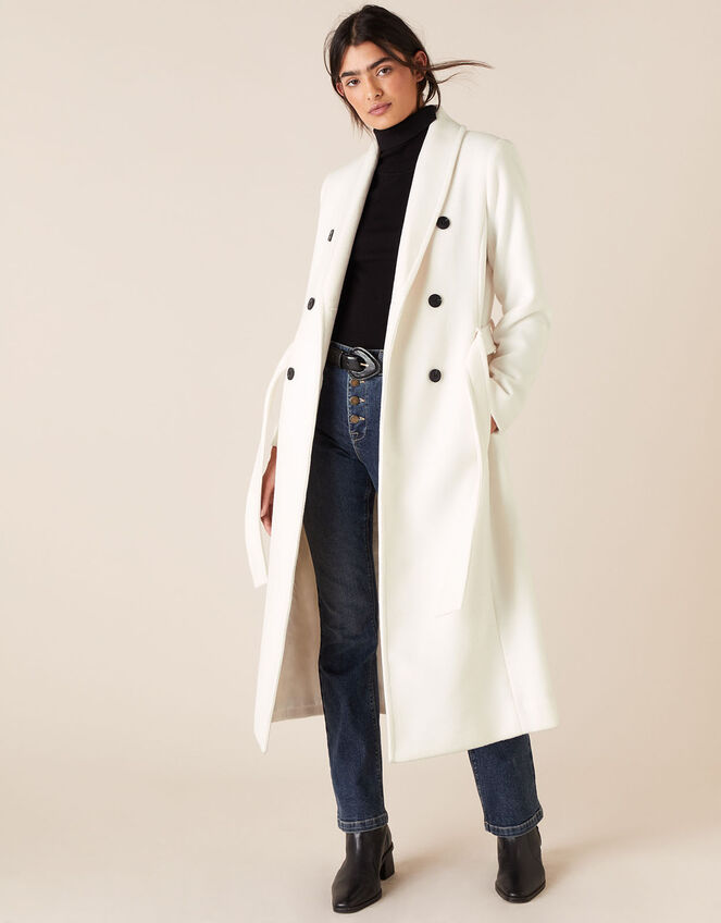 Double-Breasted Long Coat, White (WHITE), large
