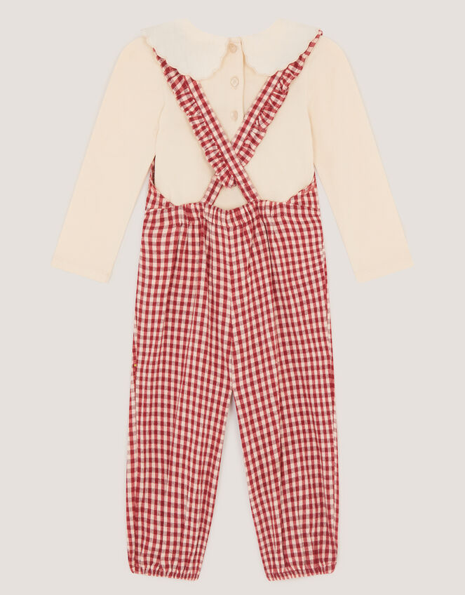 Baby Embroidered Top & Gingham Dungarees Set, Red (RED), large