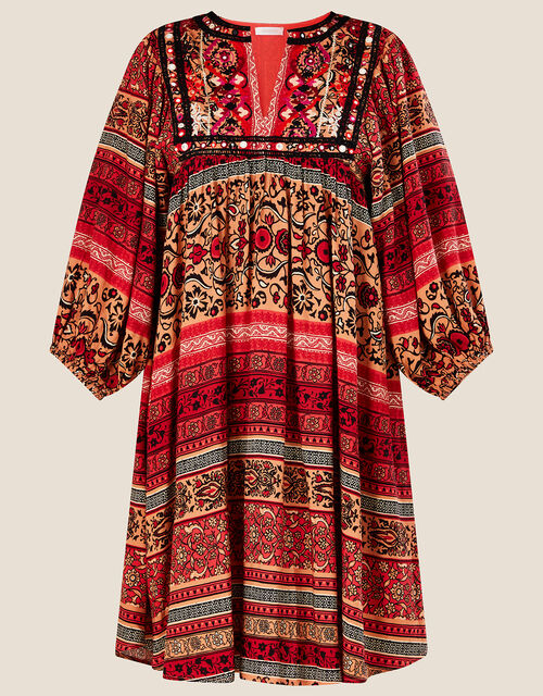 Premium Smock Heritage Print Embroidered Dress, Orange (ORANGE), large