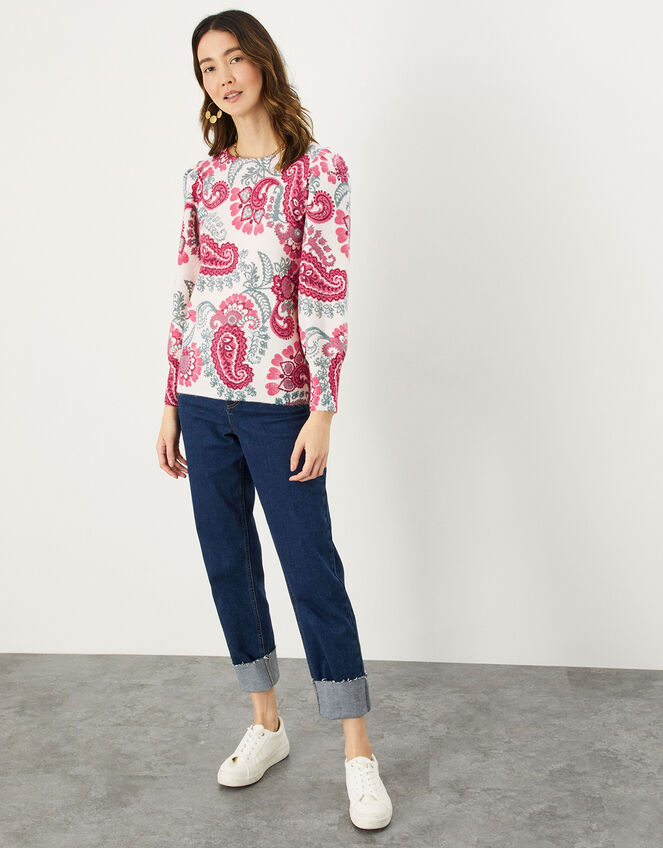 Paisley Printed Puff Sleeve Jumper, Red (RED), large