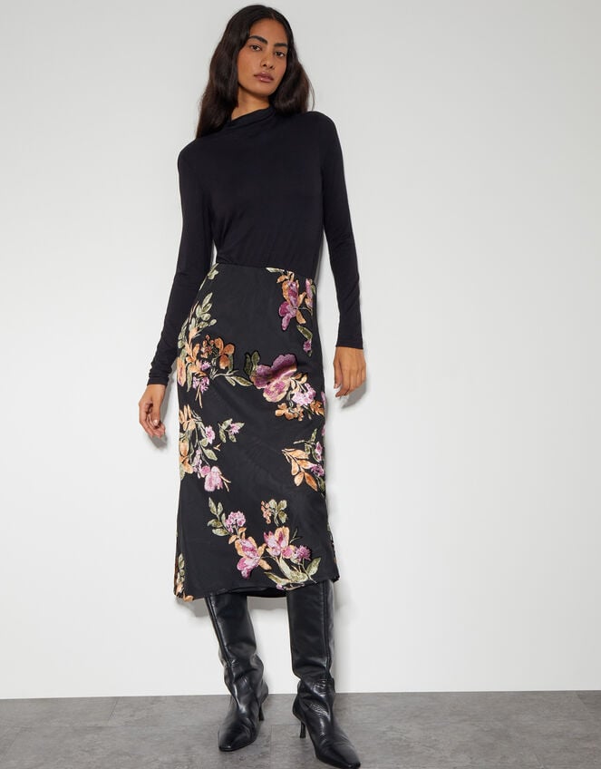 Ariella Floral Devore Midi Skirt, Black (BLACK), large