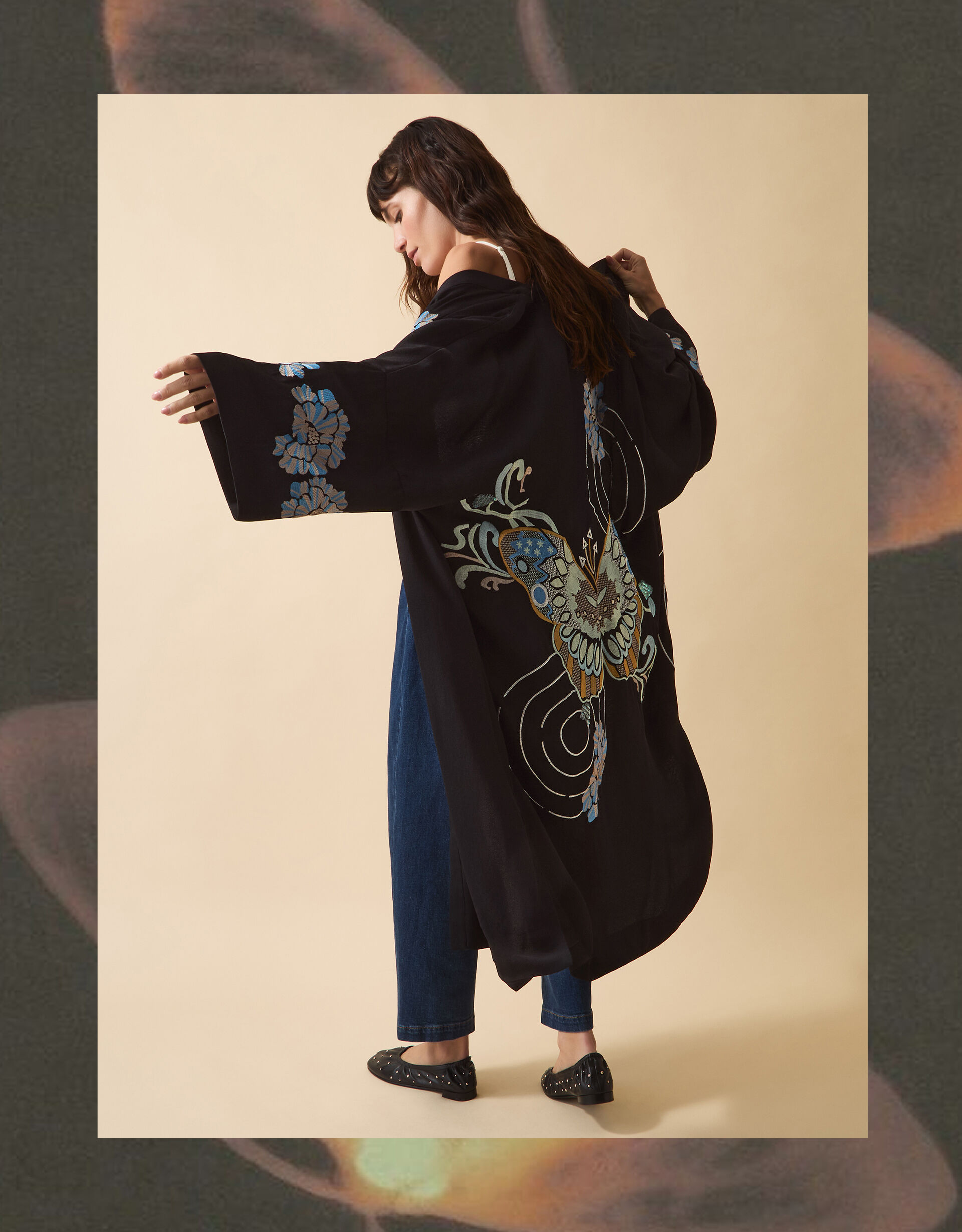 Clemence Butterfly Embroidered Long Kimono Black