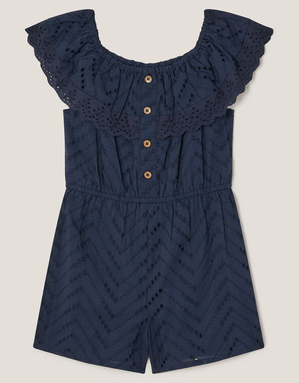 Frilly Broderie Playsuit, Blue (NAVY), large
