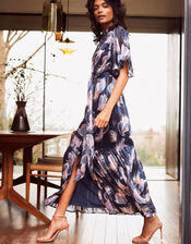 Birdie Print Burnout Pleated Shirt Dress, Blue (NAVY), large