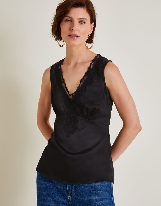 Carly Satin Lace Cami Top, Black (BLACK), large