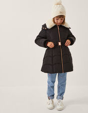 Fluffy Collar Belted Puffer Coat, Black (BLACK), large