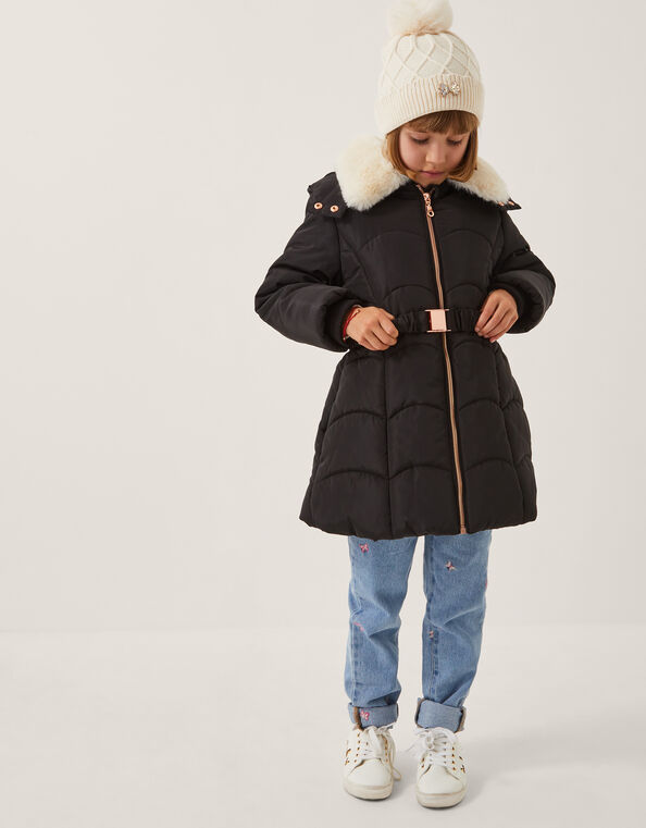 Fluffy Collar Belted Puffer Coat, Black (BLACK), large
