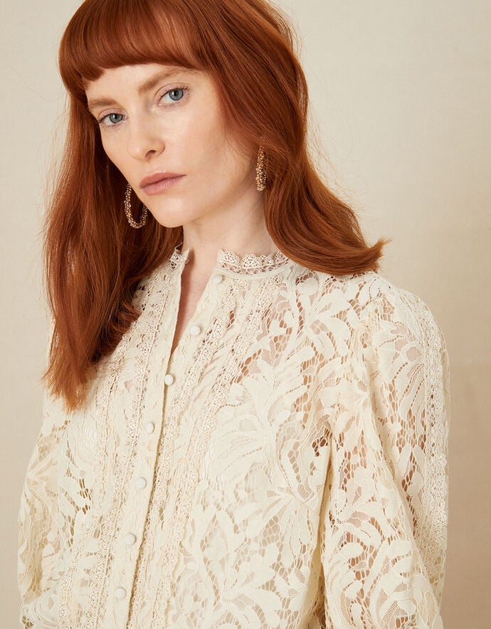 Blair Button Lace CropSleeve Blouse Cream
