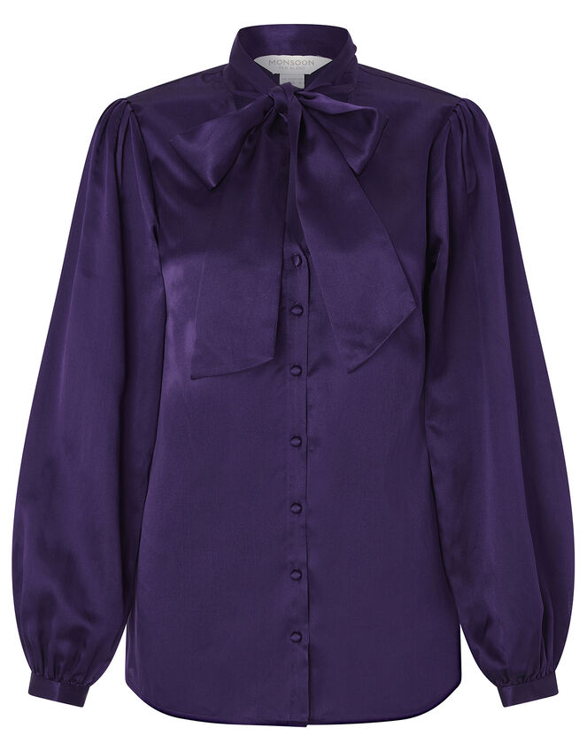 Violet Tie Neck Blouse in Silk Blend, Purple (PURPLE), large