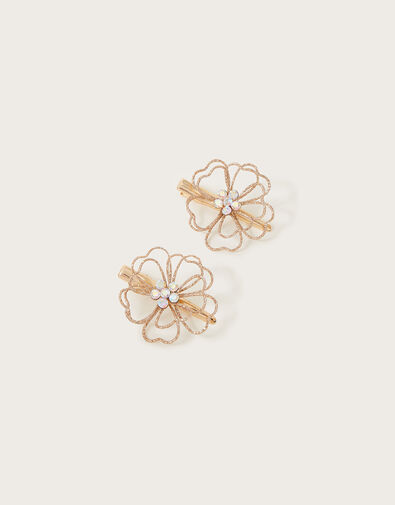 Diamante Wire Flower Hair Clips Set of Two, , large
