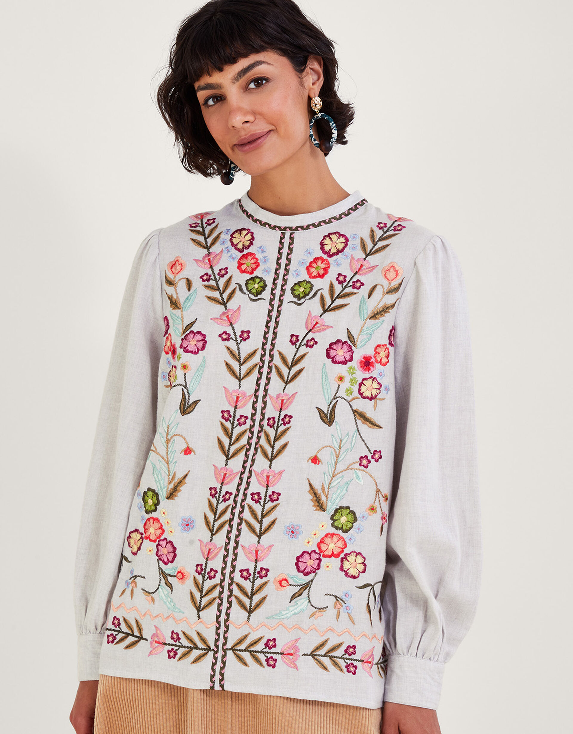 Josie Floral Embroidered Top Grey