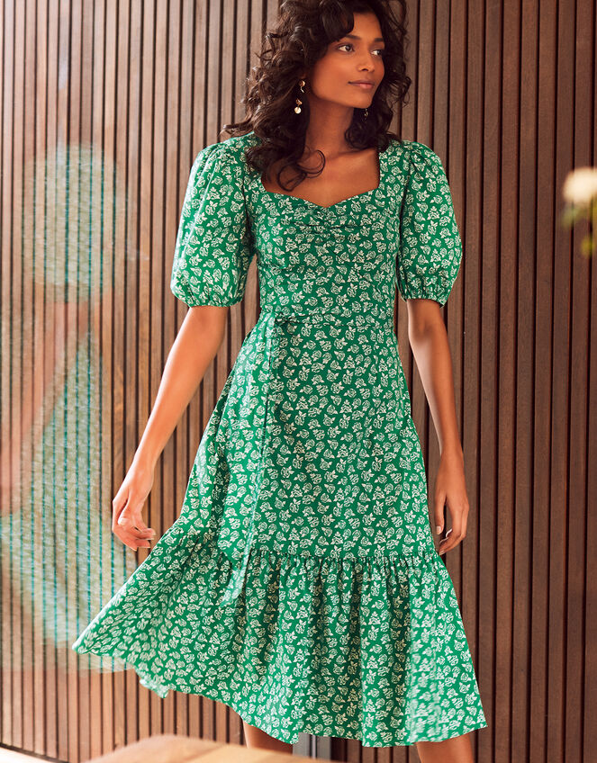 Roxie Rose Print Dress in Organic Cotton, Green (GREEN), large