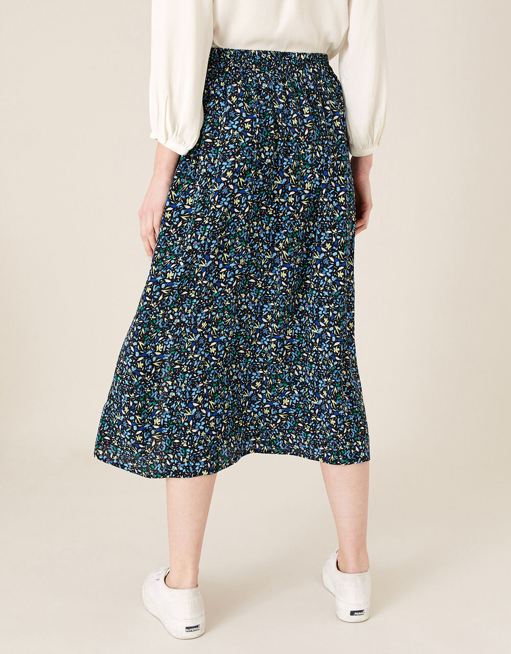 Ditsy Print Midi Skirt in Sustainable Viscose Black Skirts Monsoon UK.