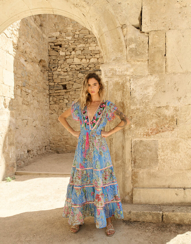 Piti Cuiti Paisley Print Tiered Maxi Dress, Blue (BLUE), large