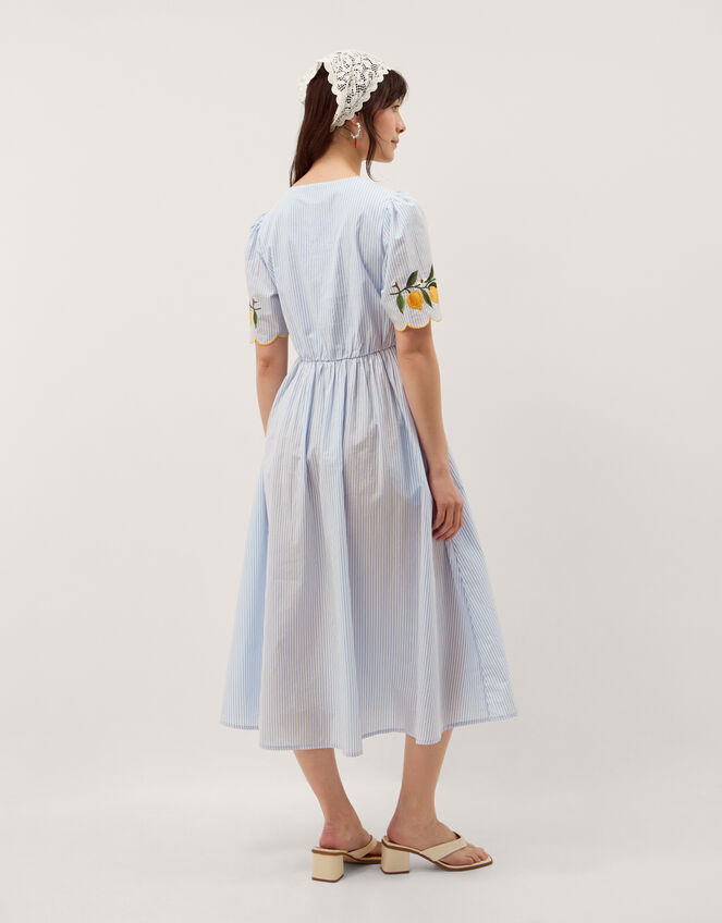 Marisol Lemon Embroidered Stripe Midi Dress, Blue (BLUE), large