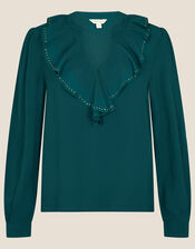 Studded Frill Neck Blouse, Teal (TEAL), large