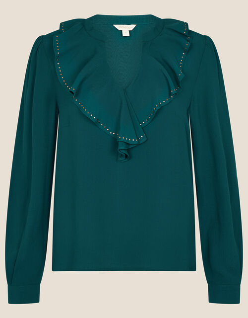 Studded Frill Neck Blouse, Teal (TEAL), large