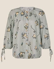 Button Through Printed Linen Blouse, Green (SAGE), large