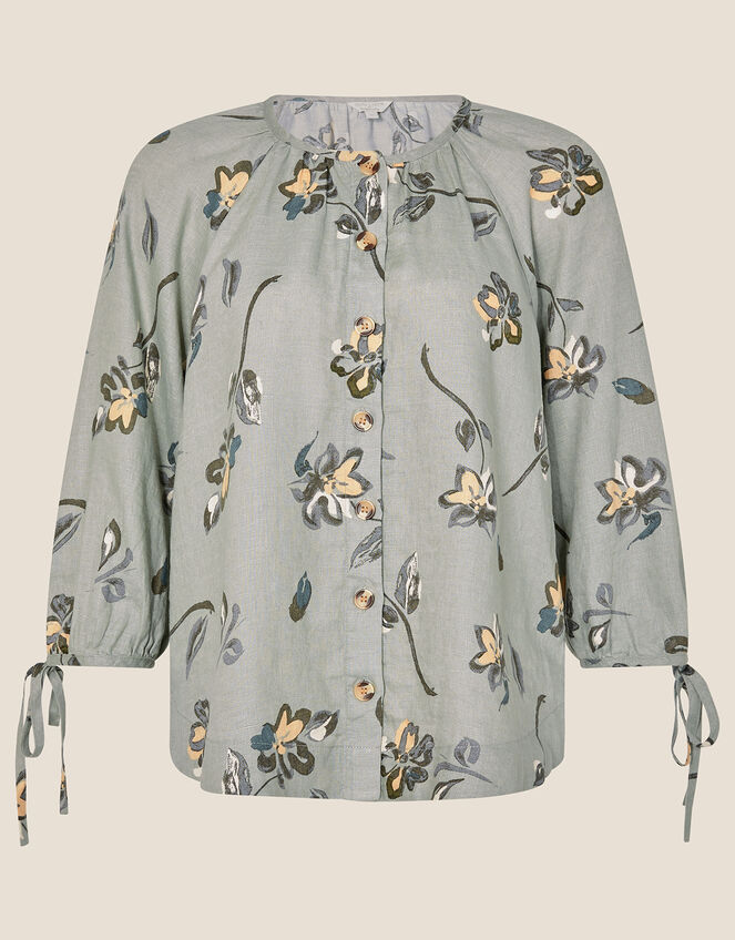 Button Through Printed Linen Blouse, Green (SAGE), large