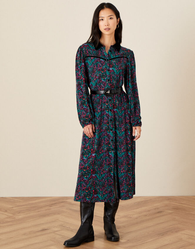 Printed Midi Shirt Dress, Black (BLACK), large