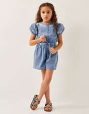 Embroidered Chambray Short Sleeve Playsuit, Blue (BLUE), large
