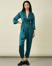 Tallulah and Hope Embroidered Satin Wrap Jumpsuit, Green (GREEN), large