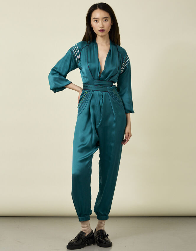 Tallulah and Hope Embroidered Satin Wrap Jumpsuit, Green (GREEN), large