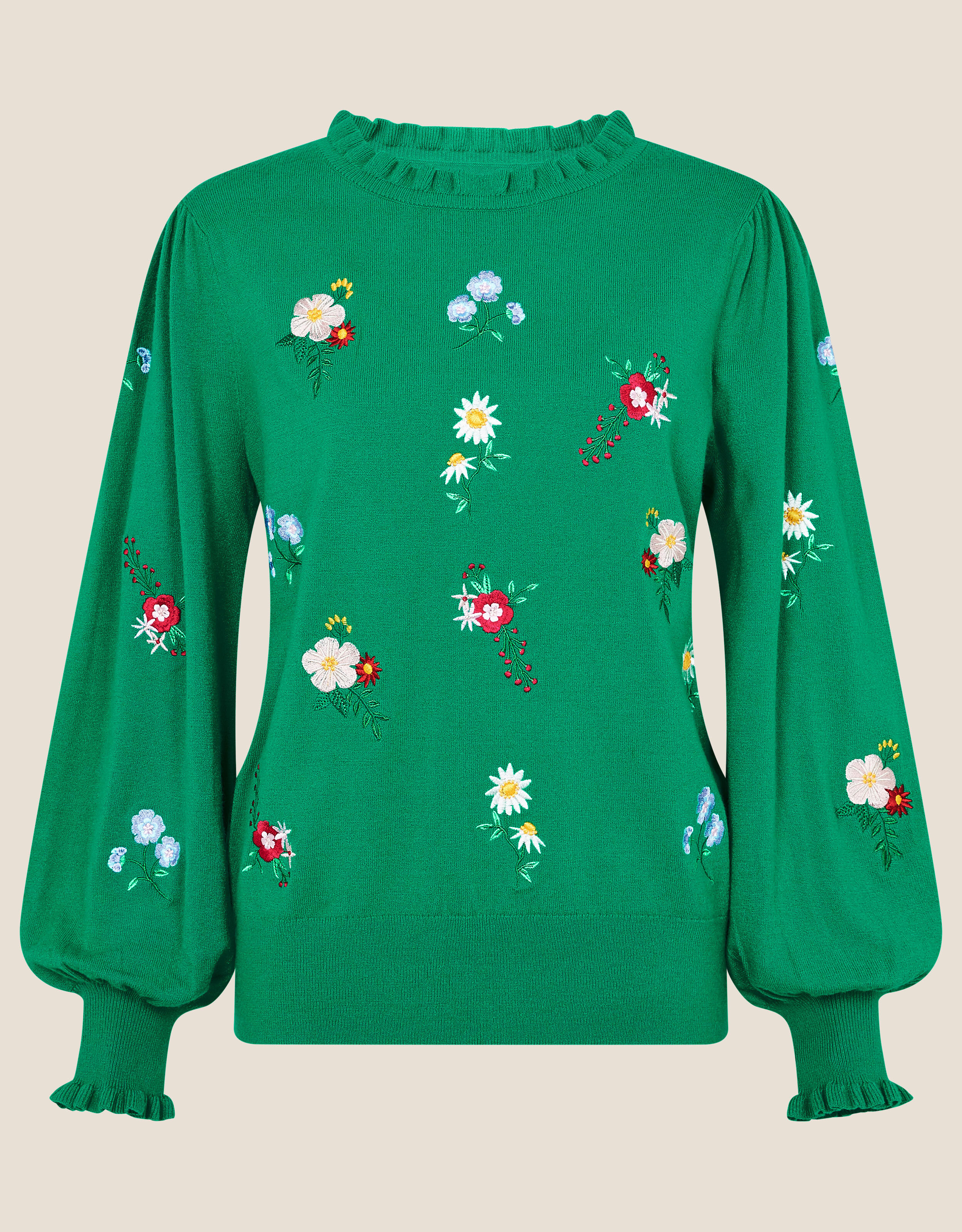 Floral Embroidered Frill Neck Jumper Green