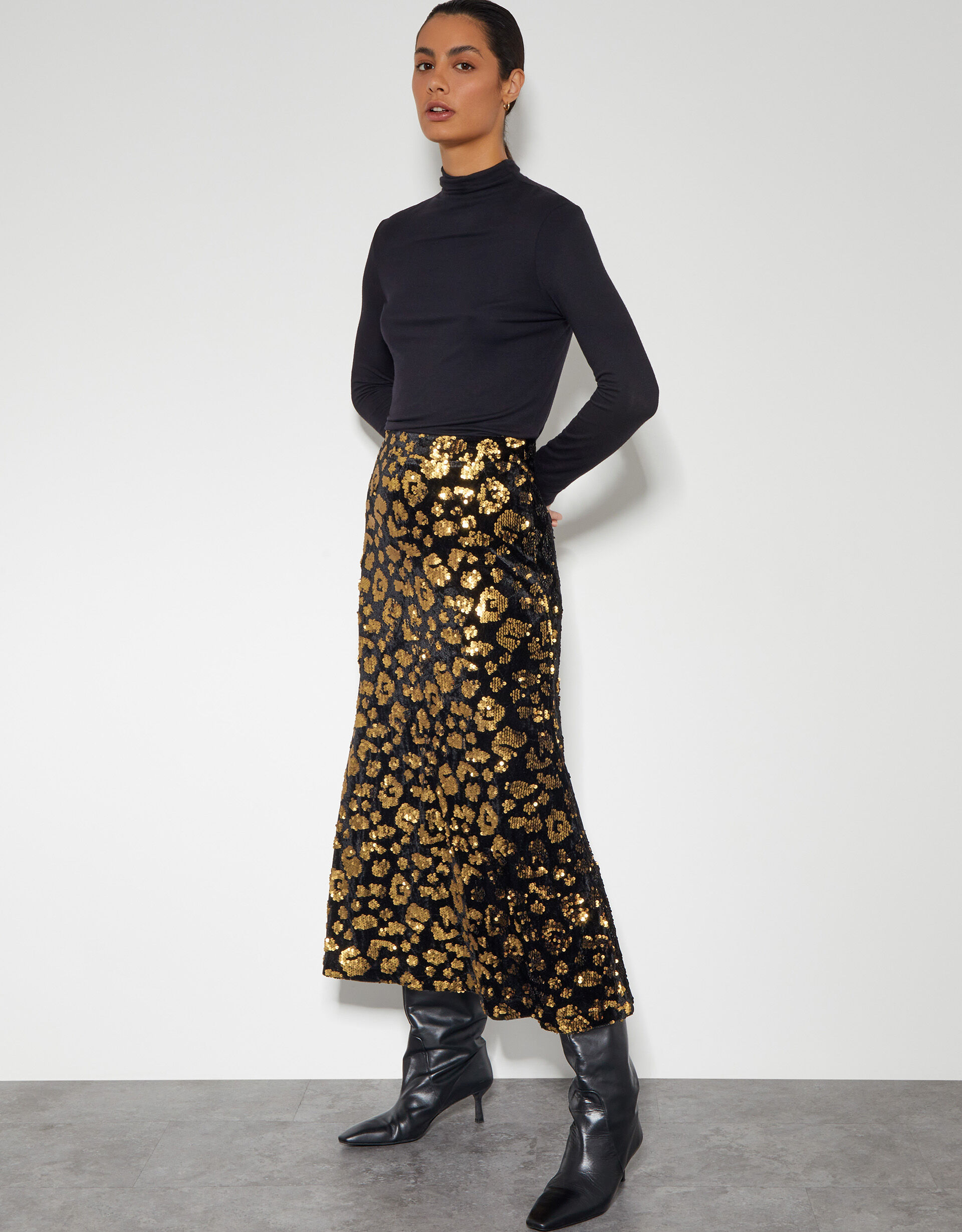 Arwen Sequin Leopard Velvet Midi Skirt Black Skirts Monsoon UK