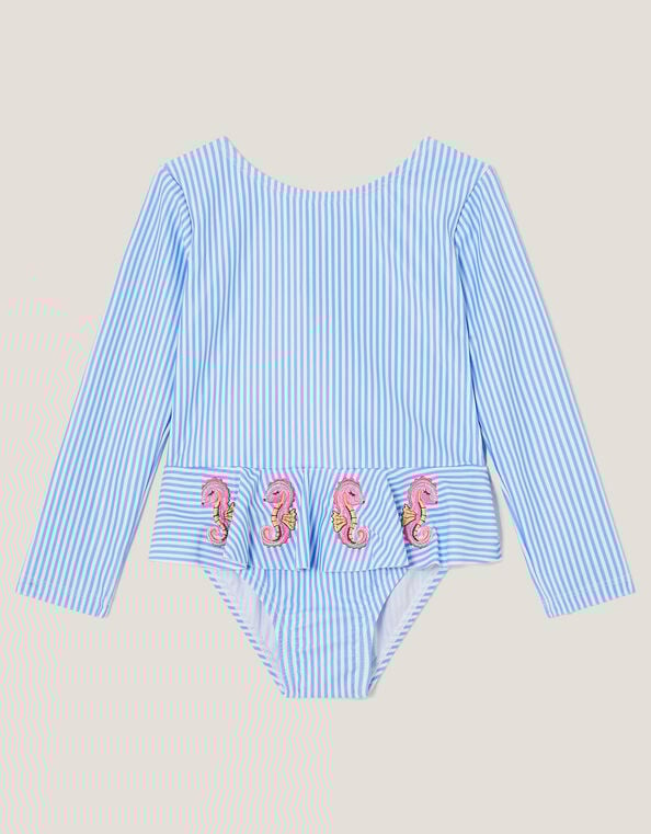 Baby Seahorse Stripe UPF50+ Long Sleeve Swimsuit, Blue (BLUE), large