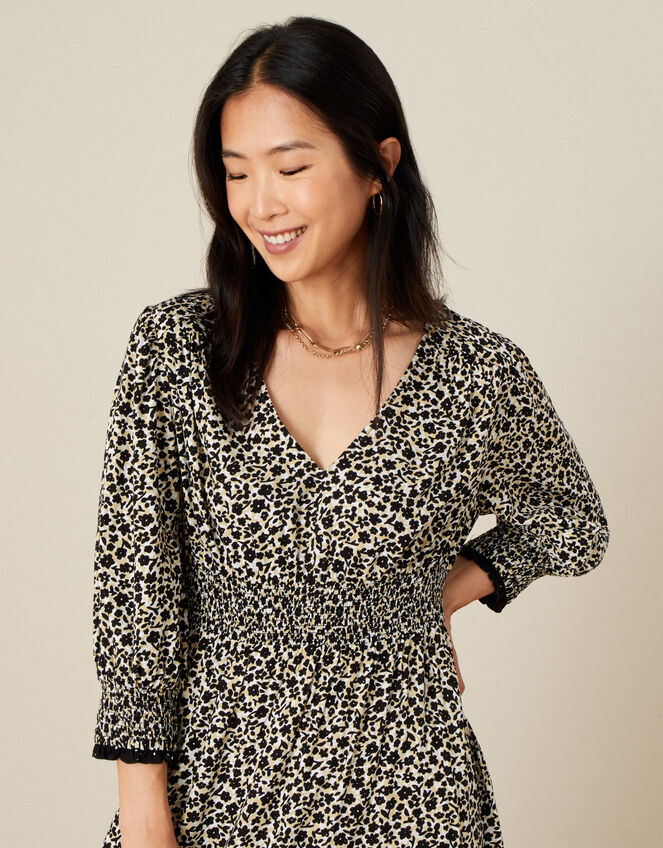 Moira Floral Print V-Neck Midi Dress , Black (BLACK), large