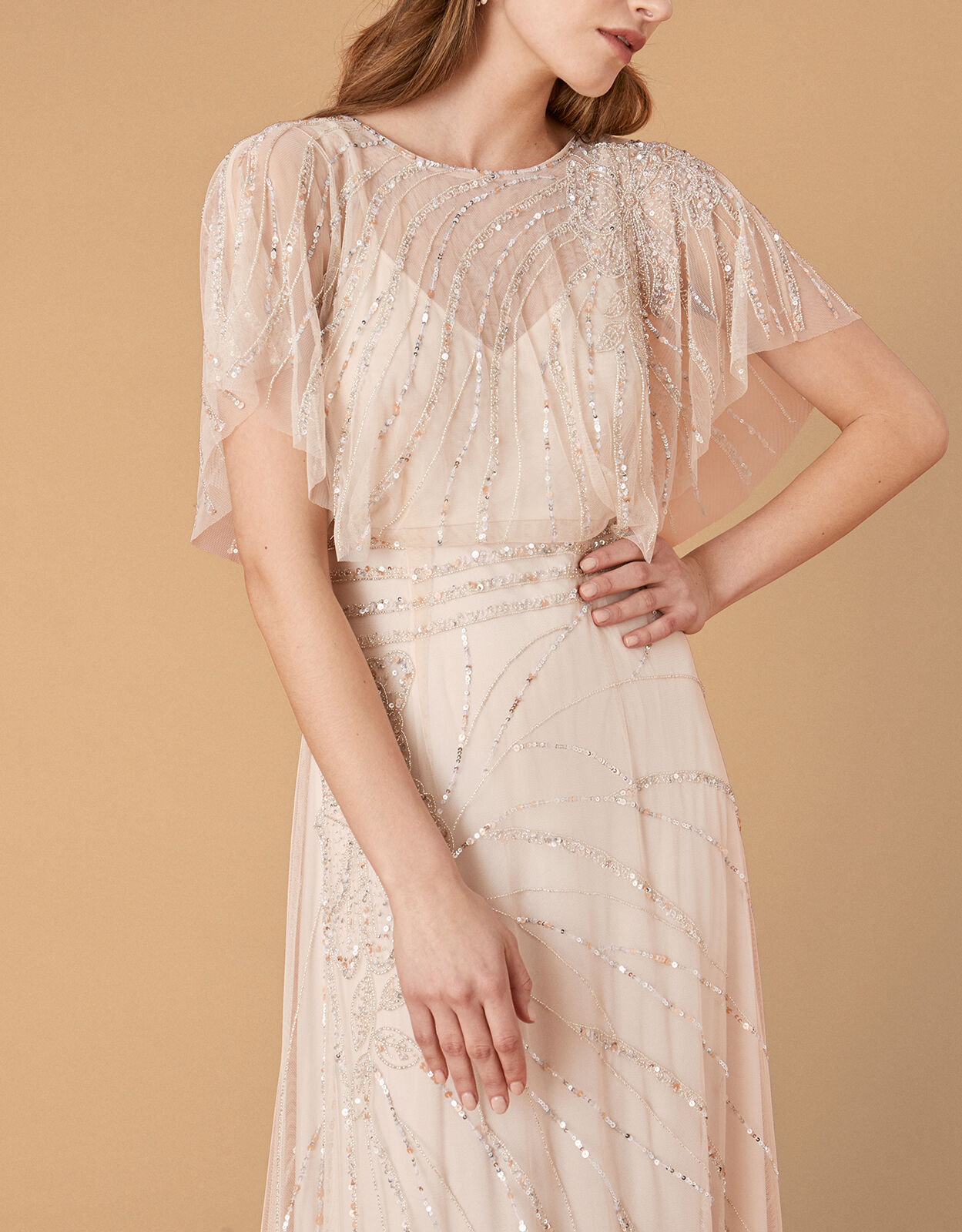Florence Embellished Flutter Sleeve Maxi Dress Nude