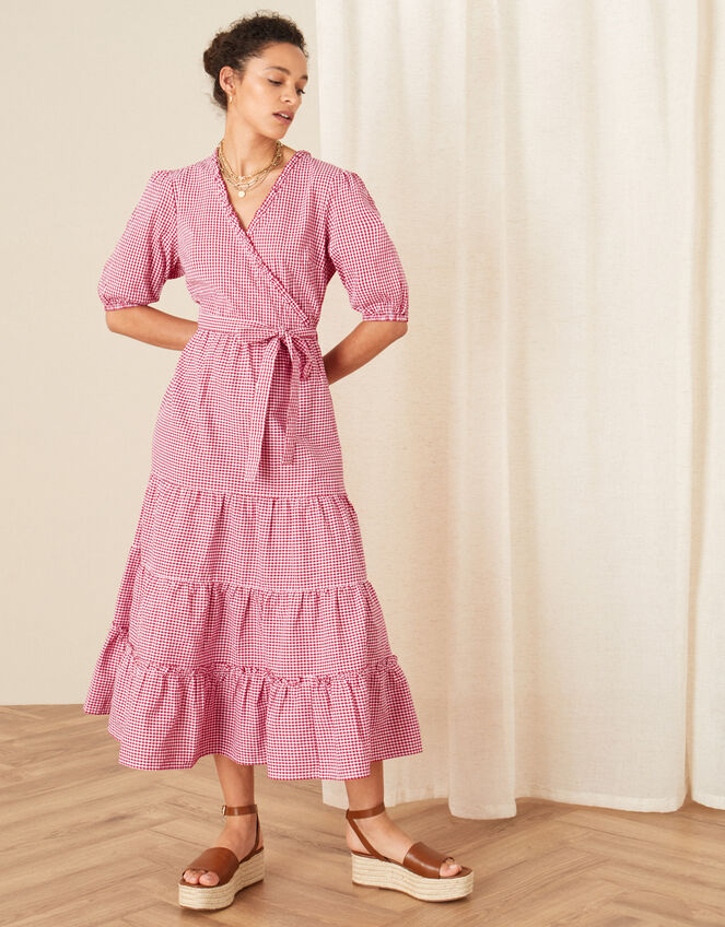 Gingham Wrap Dress, Red (RED), large