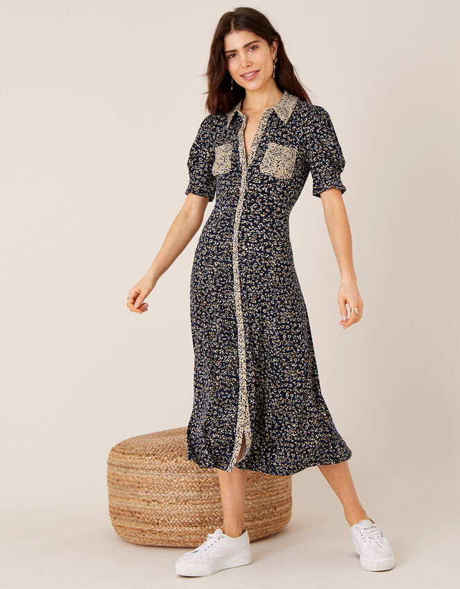 Animal Print Jersey Shirt Dress, Blue (NAVY), large