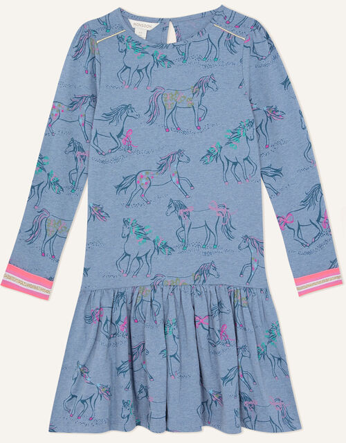 Galloping Horses Jersey Dress, Blue (BLUE), large